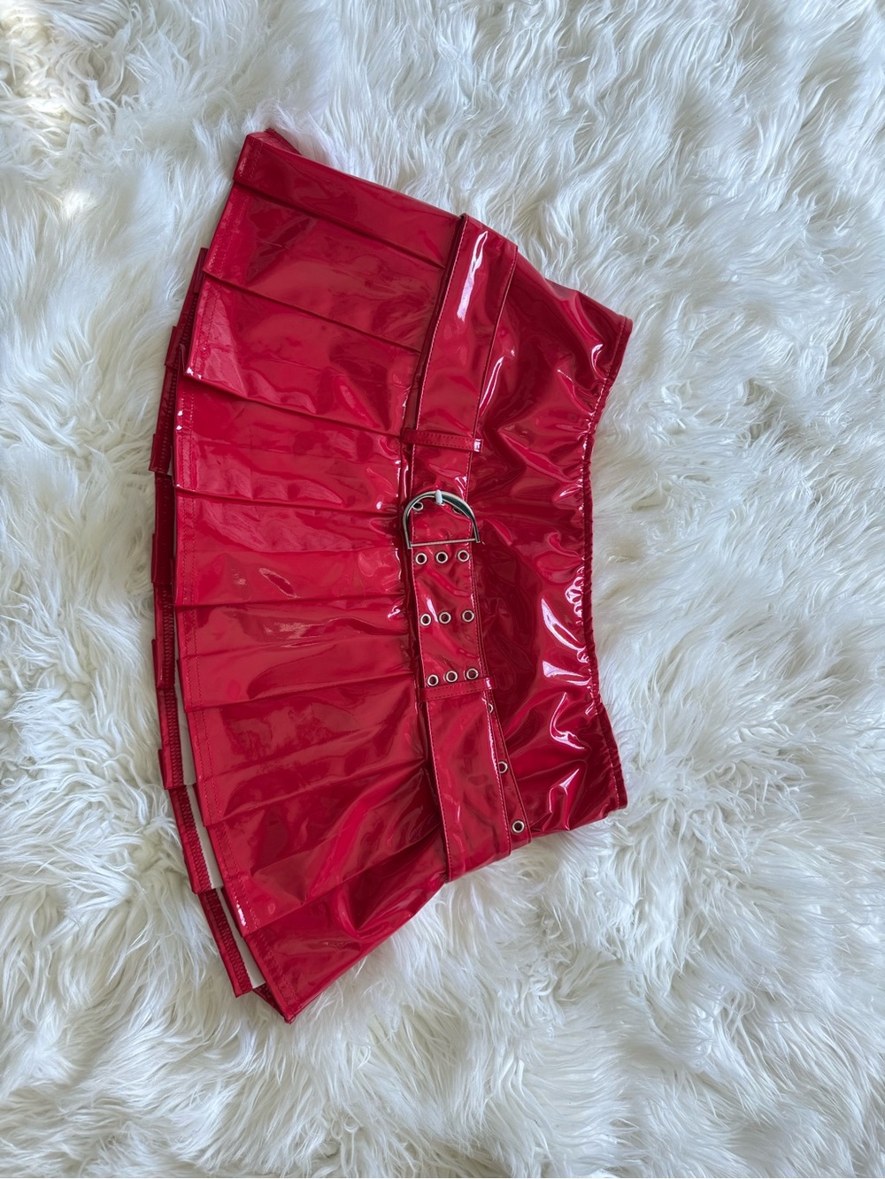 Red Patent Pleated Mini Skirt with Belt
